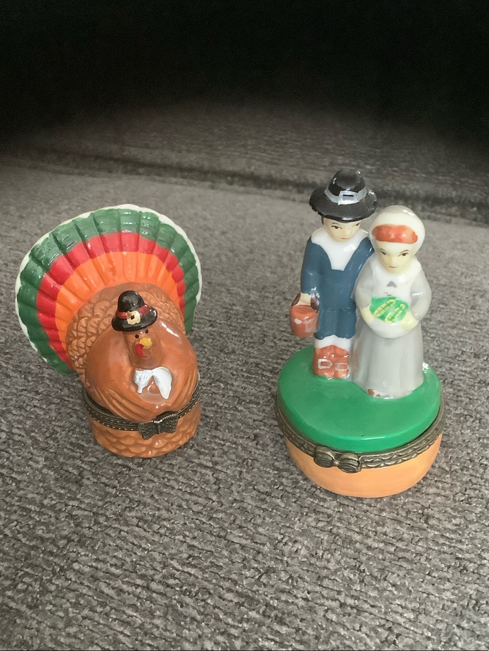 Green and Orange Thanksgiving Turkey and Pilgrim Trinket Boxes